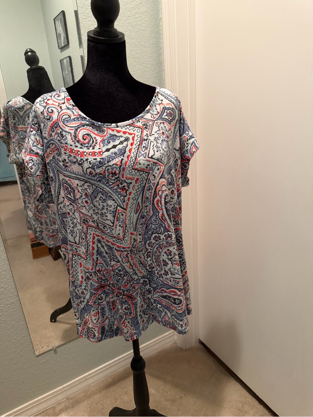 Talbots Paisley Short Sleeve Top in Blue, Red & White